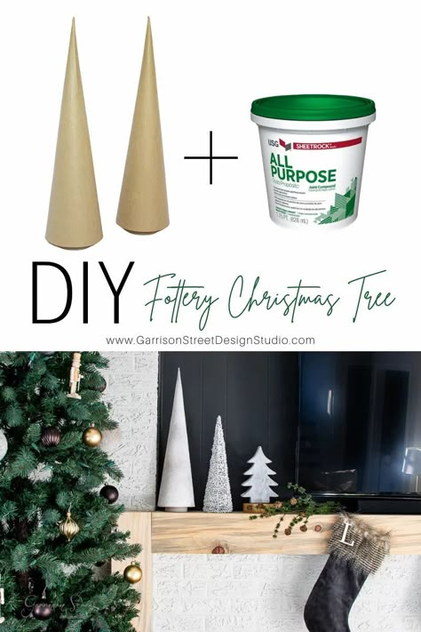 DIY Fottery Christmas Trees | ©GarrisonStreetDesignStudio | 2020 | Fottery | Christmas |Trees | DIY | Faux Pottery | Pottery | Fake | Joint Compound | Decor | Ideas | Easy | DIY | Holiday | Decorations | Christmas Tree | Hack | Cone | Paper Mache | Cardboard | Concrete | Ceramic | Spray Paint | DIY Cone Christmas Trees | Modern | Rustic | Farmhouse | MCM | Pottery Barn | Neutral | Black | White | Inspiration | Simple | Xmas | Craft | Scandinavian | Minimalist | How to make | Tutorial Diy Paper Tree Decorations, Diy Mantel Christmas Trees, Paper Mache Trees Christmas, Cardboard Cone Christmas Trees, Diy Black And White Christmas Decor, Paper Mache Cones Crafts, Concrete Christmas Tree, Paper Mache Christmas Tree Diy, Cardboard Christmas Tree Craft