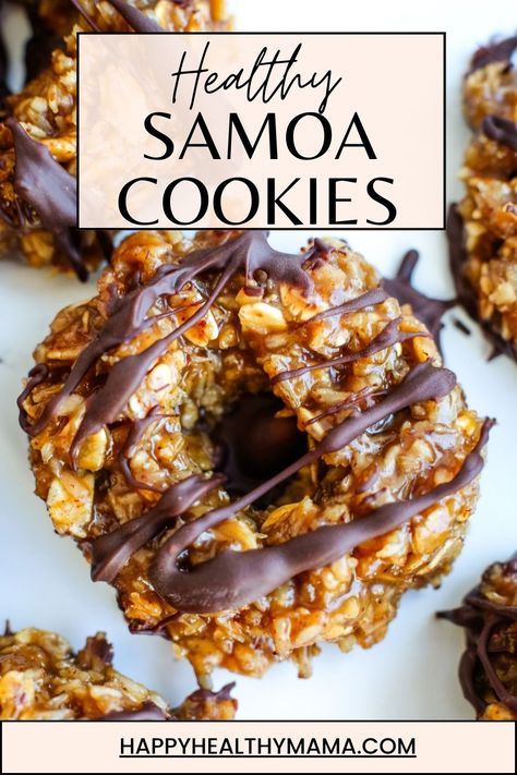 a close up photo of a homemade Samoa cookie with chocolate drizzle Homemade Samoas Cookies, Girl Scout Samoa Cookies Recipes, 3 Ingredient Samoa Cookies, Samoa Girl Scout Cookie Recipe, Healthy Samoa Cookies With Dates, Healthy Girl Scout Cookies, Apple Samoa Cookies, Keto Samoa Cookies, Homemade Samoa Cookies