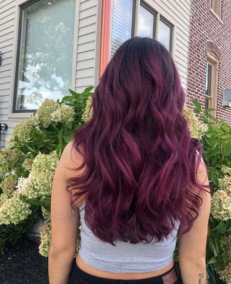 Grape Violet Hair Color, Grape Hair Color, Grape Hair, Global Grape Hair, Dark Amethyst Hair, Long Plum Hair, Grape Color, Redken Shades Eq, Balayage Color