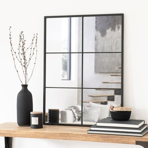 Black metal mirror 60x80cm CORBARA on Maisons du Monde. Take your pick from our furniture and accessories and be inspired! Large Black Mirror, Leaning Against Wall, Window Frame Mirror, Window Pane Mirror, Mirror Window, Metal Frame Mirror, Wall Decor Metal, Large Wall Mirror, Window Mirror