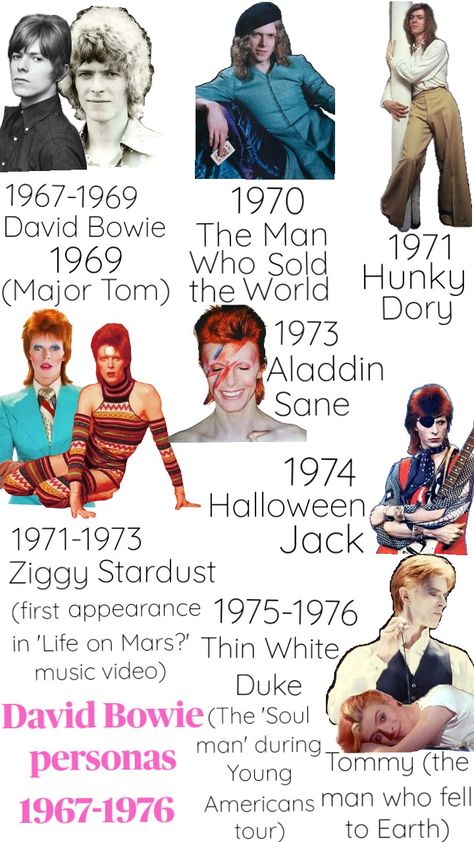 I never found a good chart of David's personas and aesthetics so I made one. #davidbowie #majortom #themanwhosoldtheworld #hunkydory #ziggystardust #aladdinsane #halloweenjack #thinwhiteduke #themanwhofelltoearth #60s #70s Aladin Sane David Bowie, David Bowie Characters, David Bowie 60s, David Bowie Iconic Looks, David Bowie Personas, David Bowie 70s, Aladin Sane, Persona Chart, Starman David Bowie