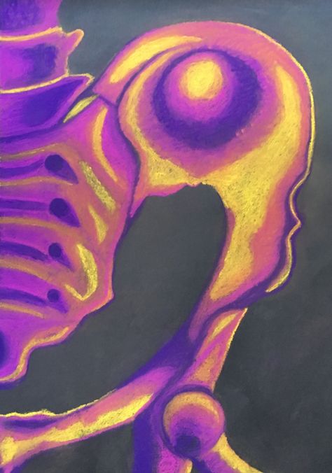 Split complementary chalk pastel close up of the pelvis bone structure Skeleton Lino Print, Chalk Pastel Art Ideas, Bones Painting, Pelvis Bone, Bone Painting, Artist Anatomy, Bone Drawing, Neuroscience Art, Classe D'art