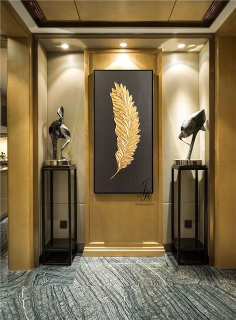 Painting Above Bed, Feather Wall Decor, Gold Wall Decor, Leaf Painting, Gold Leaf Art, Feather Wall, Gold Leaf Painting, Textured Painting, Oversized Wall Art