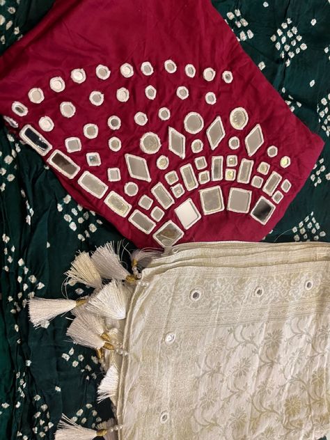 Pure Gaji silk & Hand Mirror work with pure Dola silk Dupatta Abhla Work Mirror Blouse, Mirror Work Dress Design, Collar Kurti Design, Gamthi Work, Mirror Work Dress, Handwork Blouse, Garba Dress, Mirror Work Blouse Design, Blouse Designed