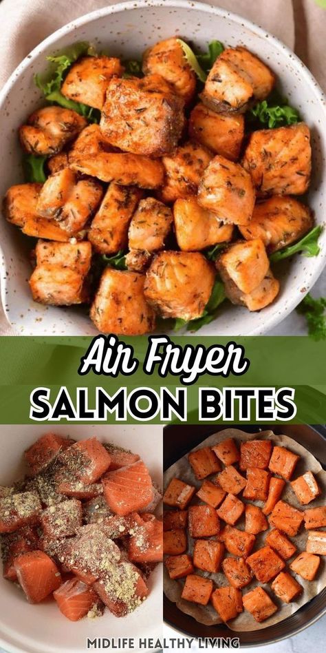 These healthy air fryer salmon bites are easy to make and are packed with flavor. Perfect for a quick and healthy lunch or dinner, these crispy salmon bites are sure to be a hit with the whole family. Enjoy the perfect combination of crispy exterior and moist, tender interior in just a few easy steps. With the help of your air fryer, you can have a delicious and nutritious meal ready in minutes! Try them today! Crispy Salmon Bites, Salmon Bites Recipe, Air Fryer Salmon, Salmon Bites, Air Fryer Cooking Times, Delicious Lunch, Air Fryer Dinner Recipes, Air Fryer Healthy, Cooking Salmon