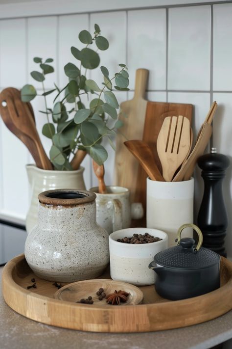 33 Simple Kitchen Counter Decor Ideas You Need To Recreate Kitchen Surface Decor, Wood Tray Decor Kitchen, Behind Sink Decor Kitchen, Small Counter Design, Minimalist Kitchen Counter Decor Ideas, Kitchen Bench Styling, Counter Top Decor Kitchen, Kitchen Counter Decor Farmhouse, Kitchen Bench Decor