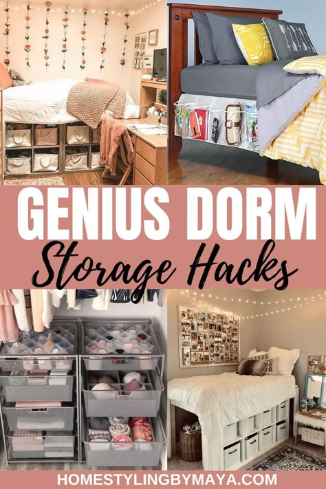 University Essentials Dorm Room, Organizing Ideas For Dorm Rooms, Organization Ideas For Dorm, Storage Under Dorm Bed, Organizing Ideas Dorm, Best Dorm Storage, College Room Storage Ideas, College Dorm Layout Ideas, Small Shared Dorm Room Ideas