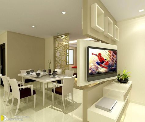 Elegant Rotating TV Stand Design IdeasYou’ll Love - Engineering Discoveries Tv Stand Room Divider, Tv Feature Wall, Tv Mounted, Tv Stand Designs, Divider Design, Living Room Partition, Living Room Partition Design, Room Partition Designs, 아파트 인테리어