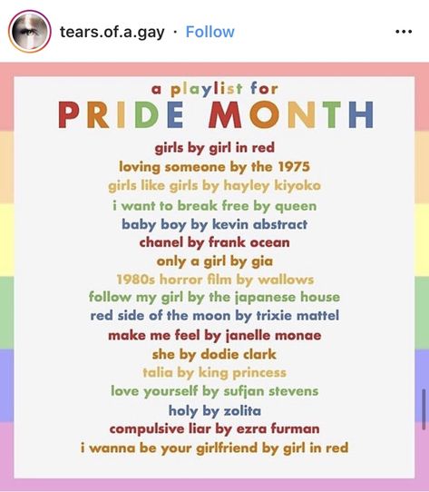 Things To Do For Pride Month, Gay Songs Playlist, Gay Songs, Pride Playlist, Group Activities For Teens, Pride Month Calendar, Lesbian Songs List, Lgbt Songs, Songs For Asexuals