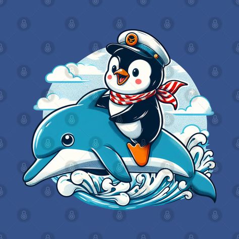 Check out this awesome 'Sailor+Penguin+Riding+A+Dolphin' design on @TeePublic! Embroidery Stencils, Penguin Clothes, Penguin Cartoon, Dolphin Design, Penguin Drawing, Sticker Illustration, A Dolphin, Animal Tshirt, Baby Quilt