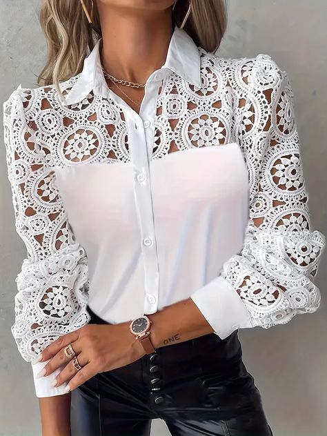 Temu | Explore the Latest Clothing, Beauty, Home, Jewelry & More Ladies Blouses And Tops, Patchwork Shirts Women, Top In Pizzo, Lace Shirts, Ladies Blouses, Elegant Flats, Patchwork Shirt, Shirt Blouses Women's, White Long Sleeve Blouse