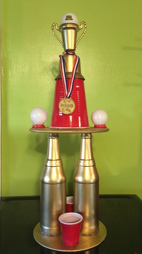 Beer pong trophy I made … Beer Pong Ideas, Repurposed Trophies, Beer Olympics Trophy, Beer Pong Trophy, Beer Olympics Party, New House Party, Beer Olympics Games, Beer Pong Party, Pong Tournament