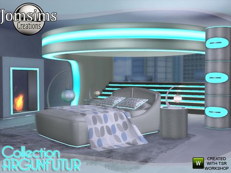 jomsims' argunfutur bedroom led and reflections Sims 4 Cc Bedroom, Sci Fi Furniture, Bedroom Led Lights, Futuristic Room, Sims 4 Beds, Bedroom End Tables, Futuristic House, Led Beds, Spaceship Interior