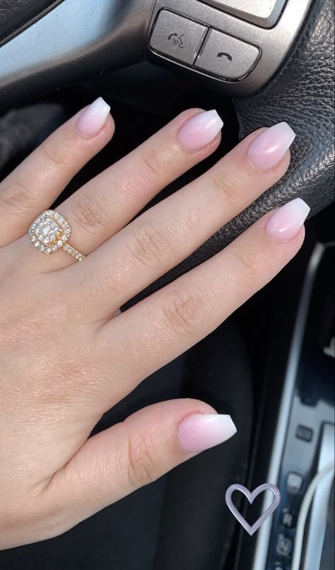 Short Coffin French Ombre Nails, Short Square Pink And White Ombre Nails, Engagement Nails Short Almond, Pink And White Full Set Nails, Pink And White Ombre Nails Coffin, Pink And White Ombre Nails Short, Pink And White Dip Nails, Pink And White Ombre Nails With Glitter, Baby Pink And White Nails