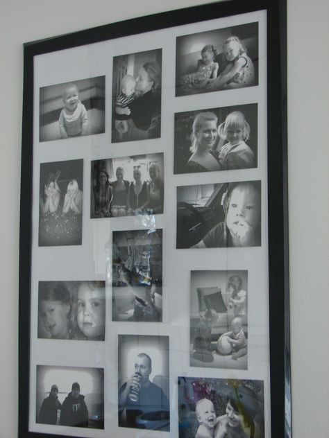 collage of black and white photos in a large frame from Ikea Big Photo Collage Ideas, Big Collage Picture Frame, Big Picture Frame Ideas, Multiple Photos In One Frame, Big Photo Frame, Black And White Photo Collage, Big Photo Frames, Big Picture Frames, Family Photos Wall Decor