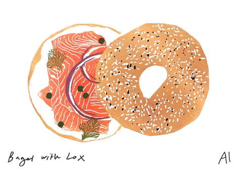 Prints include a bodega cat, a bagel with lox, a NYC coffee cup and more. Bagel Art, Bagel Illustration, Food Icon, Nyc Coffee, Bodega Cat, New York Bagel, Nyc Nails, Black And White Cookies, Nyc Print