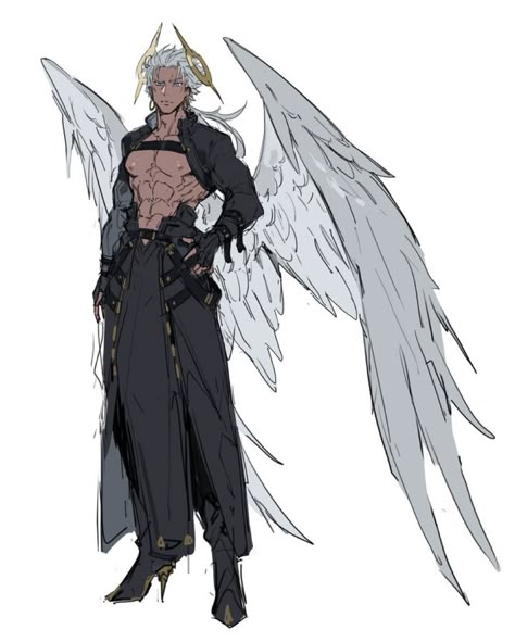 Outfits For Winged Characters, Angle Character Design Male, Angelic Oc Art, Oc Outfit Inspo Male, Begging Drawing Reference, Avian Oc Male, God Clothes Design Male, Man With Wings Art, Winged Man Art