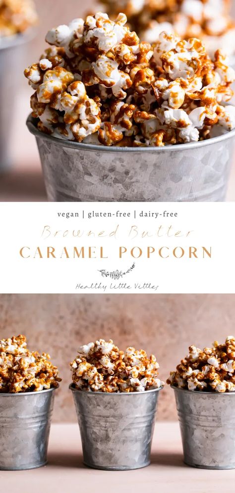 Homemade browned butter caramel gets drizzled over freshly popped popcorn and then baked in the oven for 20 minutes for crispy snacking perfection! This gluten-free, vegan Browned Butter Caramel Popcorn is so easy to make and will definitely be all the rave at your next party. | www.healthylittlevittles.com Caramel Pecan Cookies, Apple Crumb Bars, Lazy Cat Kitchen, Healthy Popcorn, Apple Crumb, Butter Caramel, Salted Caramel Brownies, Vegan Caramel, Caramel Brownies