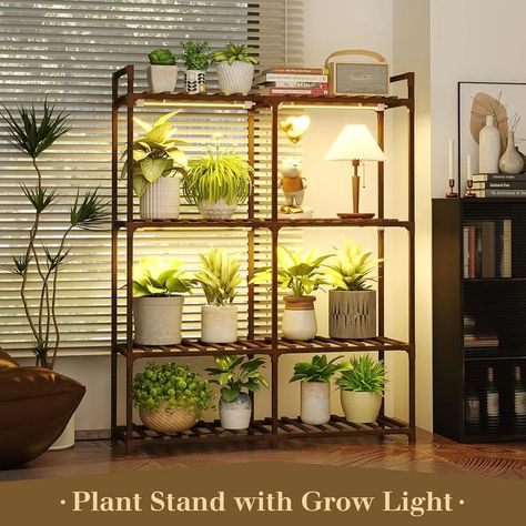 Arlmont & Co. Plant Stand with Grow Lights for Indoor Plants, Wood Plant Shelf 4 Tier Large Flower Stand - Wayfair Canada Wood Plant Shelf, Corner Plant, Modern Plant Stand, Plant Shelf, Living Room Balcony, Plant Stand Indoor, Contemporary Garden, Flower Stand, Plant Aesthetic