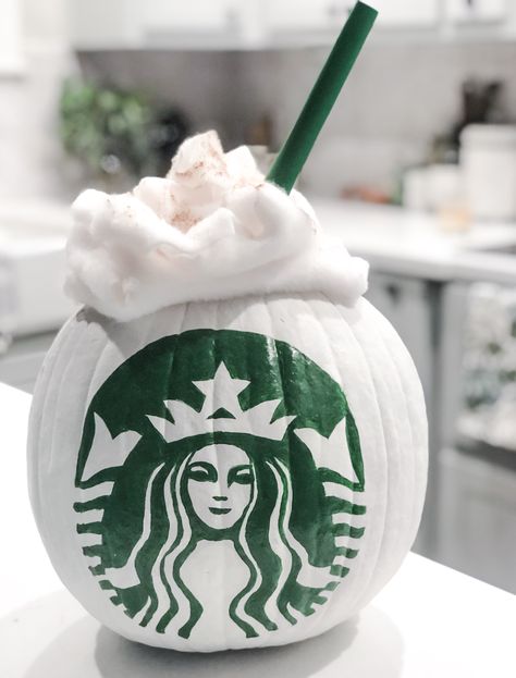 Painted pumpkin of a Starbucks pumpkin spice latte Pumpkin Painting Ideas Coffee, Pumpkin Painting Ideas For Classroom, Pumpkin Spice Pumpkin Painting, Starbucks Pumpkin Decorating, Starbucks Pumpkin Carving, Pumpkin Spice Latte Pumpkin Painting, Starbucks Painted Pumpkin, Starbucks Pumpkin Painting, Pumpkin Painting Ideas Starbucks