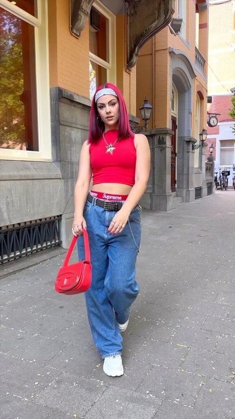 I stole my husbands boxers for this fit 🔥 it's giving 90s JLO ✨ @supremenewyork Boxers @rendaluk Red Top via @depop @buffaloshoes Sneakers @tommyhilfiger Tommy Jeans 90s Low Rise @diesel Handbag @heretic_nine Necklace #sophiehannah #ootd #supreme #90sfashion #streetstyle #grwm | Sophie Hannah | Kaliii · Area Codes (415 Remix) [feat. Lil Kayla] 90s Jlo, Lil Kayla, Boxers Under Jeans, Supreme Boxers, Diesel Handbags, Self Portrait Poses, Area Codes, Portrait Poses, Low Rise Jeans