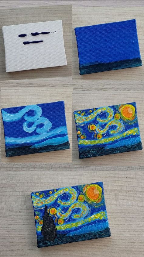 Starry Night Canvas Painting Easy, Miniature Acrylic Paintings, East Acrylic Painting Ideas, Impressionist Paintings Easy, Starry Night Easy, East Painting Ideas, Asylum Room, Mini Toile, Arte Van Gogh