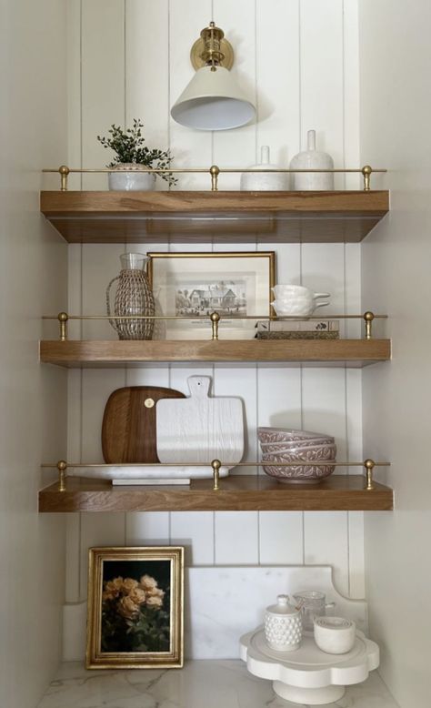 Open Shelf Between Cabinets, Open Shelving Plates And Bowls, Moody Retro Kitchen, Floating Shelves Kitchen Accent Wall, Boxing In Above Kitchen Cabinets, Small Shelf Pantry, Counter To Ceiling Cabinets, Bread Boards Decor Ideas, Farmhouse Butlers Pantry