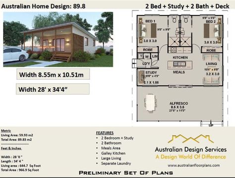 House Plan 89.8 Granny Flat - 2 Bedroom house plans ---------------------------------------------------- BUY THIS PLAN FULL CONCEPT HOUSE PLANS Play it safe with our low cost plans with copyright release. - 2 Bedrooms + 2 Bathroom - Large Living Area + Large Deck area - Modern 2 bed House Design - Elevated House Plans, Granny Flat Plans, Unique Small House Plans, Flat Plan, Elevated House, Exclusive House Plan, House Plans For Sale, Small Cottage House Plans, House Plans With Pictures