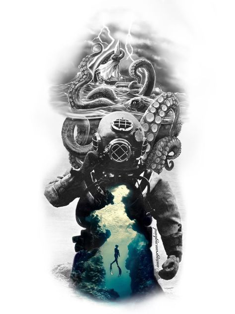 Siren Tattoo For Men, Octopus Diver Helmet Tattoo, Deep Sea Sleeve Tattoo, Diving Tattoos For Men, Leg Sleeve Tattoo Drawings, Dive Tattoo Ideas, Underwater Tattoo Ideas, Diver Tattoo Design, Ocean Tattoos Sleeve Underwater