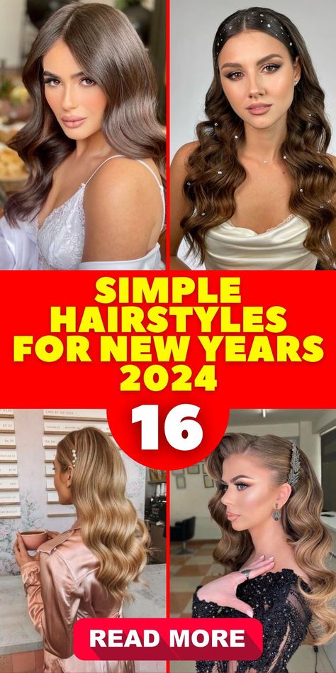 Prepare to ring in 2024 with a simple and pretty hairstyle that's perfect for New Year's Eve celebrations. This easy and elegant look adds a touch of glamour to your overall appearance, making it suitable for parties or photo opportunities. You'll look absolutely stunning with your curled locks, creating unforgettable memories. New Years Long Hair Styles, Hollywood Glamour Curls, Edgy Formal Hairstyles, Hair Styles For Special Events, Hairstyles With Curls For Party, Curly Hairstyles For New Years Eve, Hair Ideas For New Years Eve, Nye 2023 Hairstyles, Long Hair New Years Eve Style