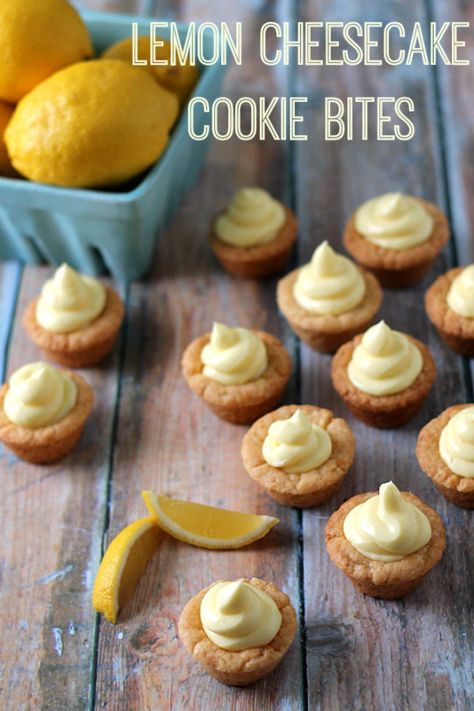 Lemon Cheesecake Cookie Bites Lemon Cheesecake Filling, Sugar Cookie Cheesecake, No Bake Cheesecake Filling, Mini Sweets, No Bake Lemon, Cheesecake Cookie, Sugar Cookie Cups, Cookie Cups Recipe, No Bake Lemon Cheesecake