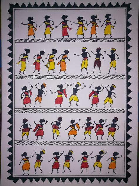 Varli Painting Art Easy, Worli Painting On Fabric, Aariwork Drawing, Warli Drawing, Warli Designs, Saura Art, Mdf Earrings, Worli Painting, Cool Easy Drawings