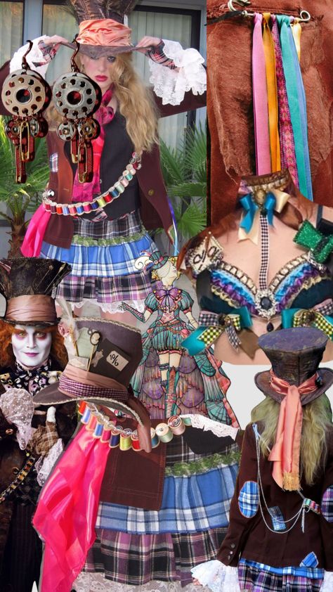 Madhatter Costume Female, Tim Burton Mad Hatter Costume, Mad Hatter Skirt Diy, Stem Punk Costume, Mad Hatter Bow Tie, Colorful Steampunk Outfits, Mad Hatter Hair Ideas, Johnny Depp Mad Hatter Costume, Female Mad Hatter Costume Diy