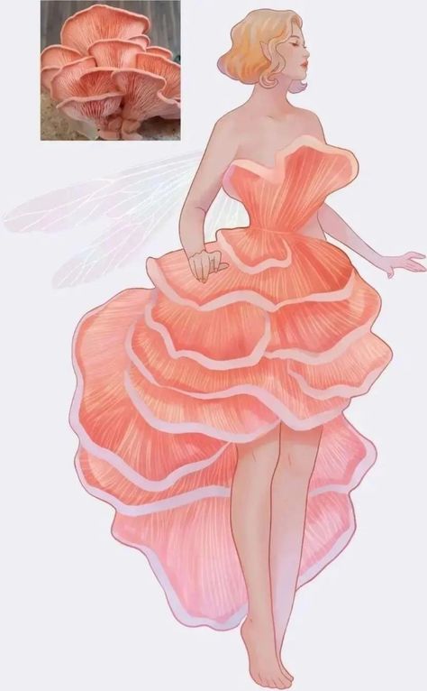 Pink Oyster Mushroom, Hannah Alexander Artwork, Hannah Alexander, Mushroom Costume, Witch Powers, Unusual Dresses, Oyster Mushroom, Mushroom Drawing, Dress Illustration