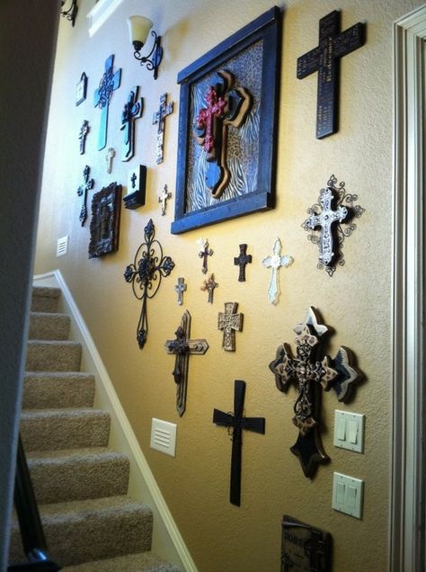 Cross Wall Collage, Cross Collage, Cross Walls, Wall Of Crosses, Decorative Crosses, Cross Ideas, Cross Wall Art, Cross Decor, Rugged Cross