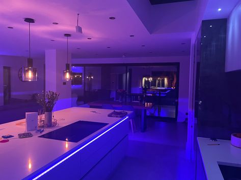 Neon Kitchen, Apartment Aesthetic Led, Dark Neon Apartment Aesthetic, Purple Neon Room Aesthetic, Purple Led Bathroom, Purple Neon Lights Aesthetic, First Apartment Essentials, Cool Room Designs, House Extension Plans