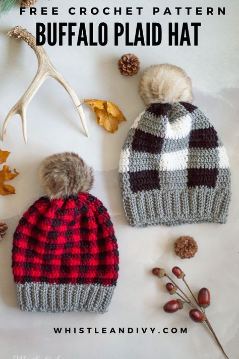 Crochet Plaid, Plaid Crochet, Plaid Hat, Hat Patterns Free, Bun Beanie, Messy Bun Beanie, Cozy Crochet Patterns, Crochet Santa, Buffalo Plaid Pattern