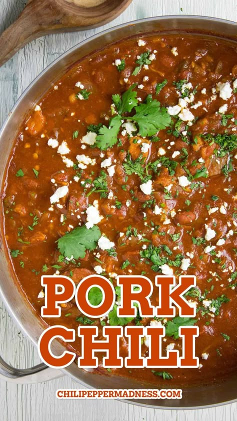 Chili With Leftover Pork Roast, Chili Made With Pork, Pork Chili Recipe Mexican, Pork Chili Recipe Crockpot, Pork Red Chili Recipes, Pork Chop Chili Recipe, Shredded Pork Chili, Pork Shoulder Soup, Pork Chilli Recipes