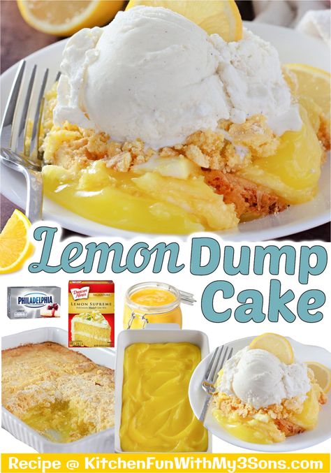 This Lemon Dump Cake recipe is an easy dessert made with lemon cake mix, cream cheese and lemon pie filling. This easy dump cake recipe is perfect for Summer and only has10-minutes or prep! Lemon Dump Cake, Lemon Dump Cake Recipe, Easy Dump Cake Recipe, Homemade Whipped Cream Recipe, Lemon Cake Easy, Lemon Treats, Lemon Pie Filling, Lemon Cake Mixes, Tart Dessert