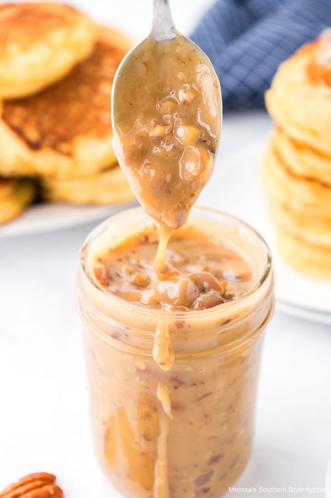 Serve these Pecan Pie Pancakes smothered with a homemade pecan pie sauce for breakfast, brunch or dessert #pancakes #pancakesrecipe #pecanpierecipe #pecanpiesauce #pecanpralines #southernpecanpie #buttermilkpancakes Peanut Butter And Jelly Pancakes, Pecan Pie Sauce, Recipe For Pecan Pie, Dessert Pancakes, Fluffy Buttermilk Pancakes, Pecan Pancakes, Blueberry Buttermilk Pancakes, Homemade Pecan Pie, Pecan Sauce