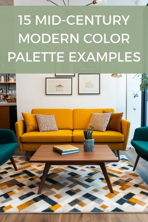 Tips for how to choose the perfect mid-century modern color palette for every room in your house, with 15 examples to choose from. Mid Century Modern Sherwin Williams, Behr Mid Century Modern Colors, Cottage Core Meets Mid Century Modern, Mid Century Modern Paint Colors Interior, Mid Century Modern Color Palette Blue, Mid Century Modern Living Room Color Palette, Mid Century Mod Living Room, Mid Century Living Room Paint Colors, Mid Mod Color Palette