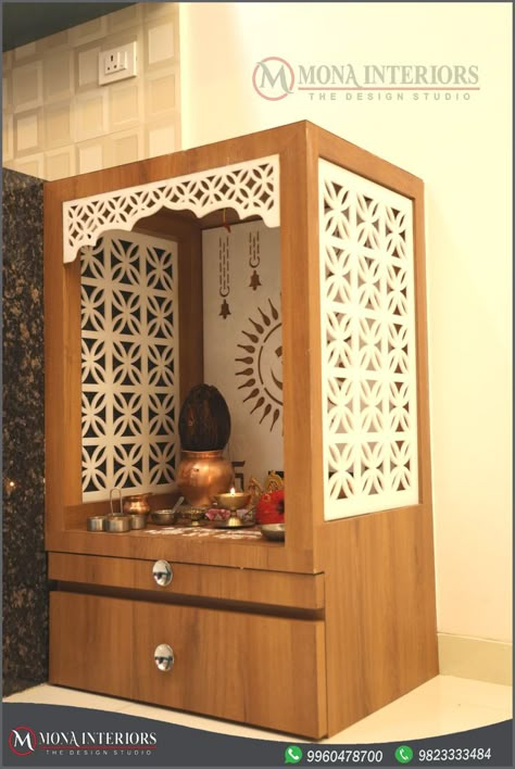 Temple unit designed by Mona Interiors - Pune 9823333484 Mini Tv Unit Design, Mandir Ka Design Photo, Mini Mandir Design, Temple For Home Indian, Simple Temple Design For Home, Wooden Temple Design For Home Indian, Wood Temple Design, Mandir Arch Design, Wooden Mandir Design