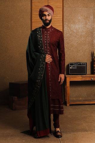 Buy Green Viscose Silk Hand Painted Floral Motifs Mumtaz Anarkali With Dupatta For Women by Kalista Online at Aza Fashions. Maroon Sherwani, Sherwani Groom, Wedding Sherwani, Luxury Sale, Embroidery Floral, Types Of Work, Silk Embroidery, Band Collar, Maroon Color