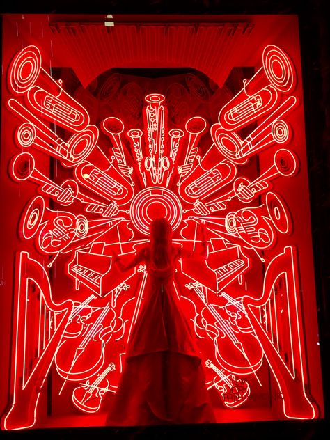 New York Philharmonic, Window at Bergdorf Goodman's "To New York with Love" Holiday Window Displays Color Window, Holiday Window Display, Red Neon, Window Display Design, Store Windows, Christmas Window, Store Displays, Display Design, Stage Design