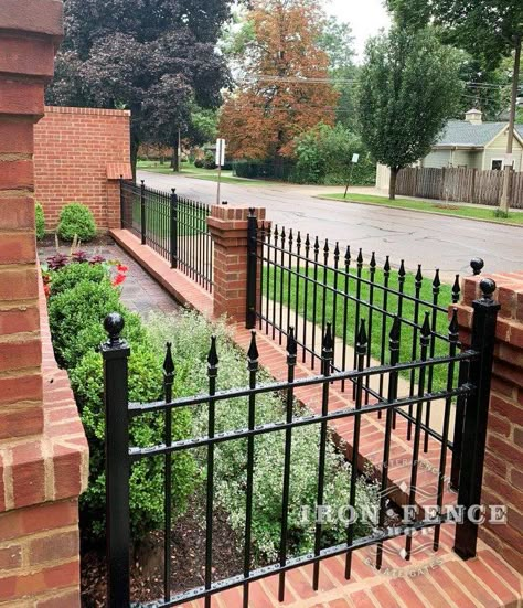 A Custom Iron Fence Testimonial from Illinois! – Iron Fence Shop Blog Brick Wall Gardens, Wrought Iron Fence, Brick Columns, Patio Plans, House Fence Design, Brick Fence, Wrought Iron Fences, Building A Fence, Front Yard Fence