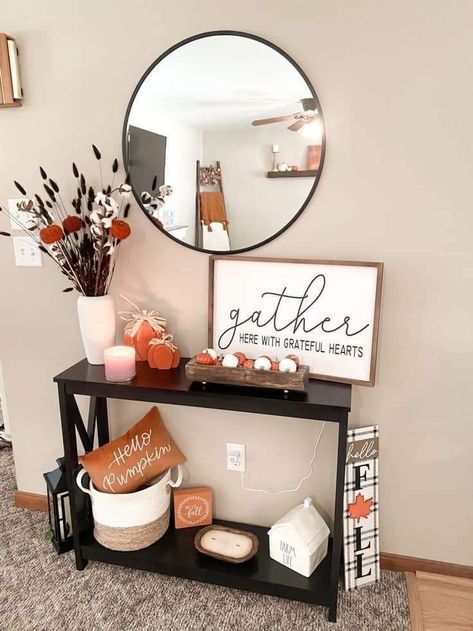 Fall Decor Apartment Kitchen, Farmhouse Fall Door Decorations, Entry Table Decor Apartment, Sofa Table Behind Couch Fall Decor Ideas, Decor For Fall Living Room, Fall Decor Ideas For An Apartment, Cute Fall Living Room Ideas, Fall Decoration Apartment, Family Gallery Wall Living Rooms Bohemian