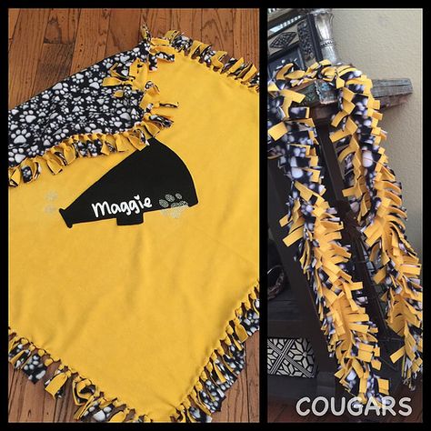 Personalized cheerleader 'no-sew' fleece blanket and scarf for football season. #cheergift | Flickr - Photo Sharing! Cheer Blanket Ideas, Personalized Cheer Gifts, Diy Cheer Gifts For Team, Senior Night Gifts Cheerleading, Cheer Team Mom Ideas, Cheer Camp Gift Ideas, Cheerleader Gifts For Team, Diy Cheer Gifts, Cheer Senior Night Gifts