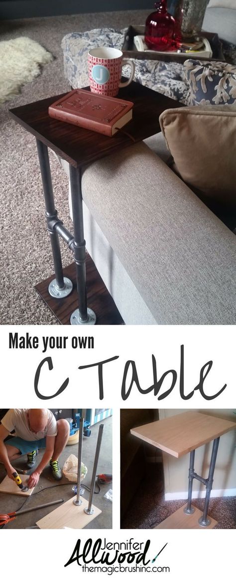 You'll never have to reach for that coffee mug again!  Make your own C table for armchairs! We used industrial pipes, flanges and stained oak wood pieces. Get instructions from Jennifer Allwood   #diyhomedecor #armchair #homepro Industrial Diy Decoration, Industrial Diy Decoration Ideas, Industrial Diy, Industrial Home Design, Arm Chair Table, C Table, Pipe Furniture, Table Diy, Diy Holz