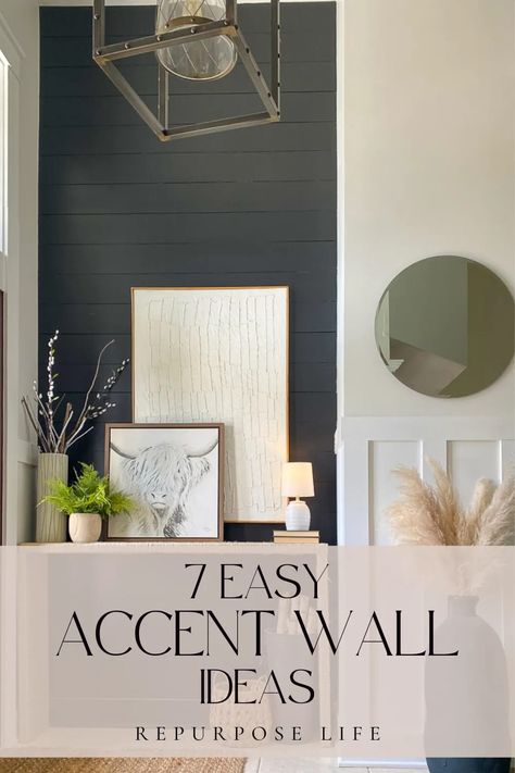 These easy accent wall ideas are a great way to elevate a room. Accent walls make a room feel bigger and make a statement at the same time. Entryway Feature Wall Ideas, Accent Wall With Ceiling Beams, Living Room Designs Accent Walls, Statement Wall Entryway, Entrance Accent Wall Ideas, Craftsman Accent Wall, Tall Accent Wall Ideas High Ceilings, Porch Accent Wall, Entry Way Feature Wall Ideas