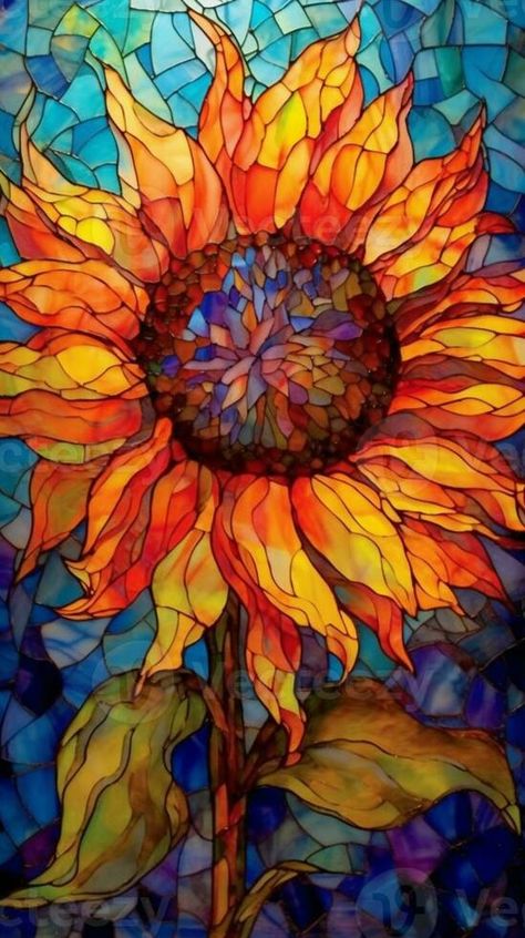 a close up of a sunflower in a stained glass window. generative ai. Sunflower Stained Glass Window, Stained Glass Painting Canvas, Stained Glass Sunflower, Claddagh Tattoo, Vector Snowflake, Inspo Art, Glass Window Art, Glass Diy, Glass Room